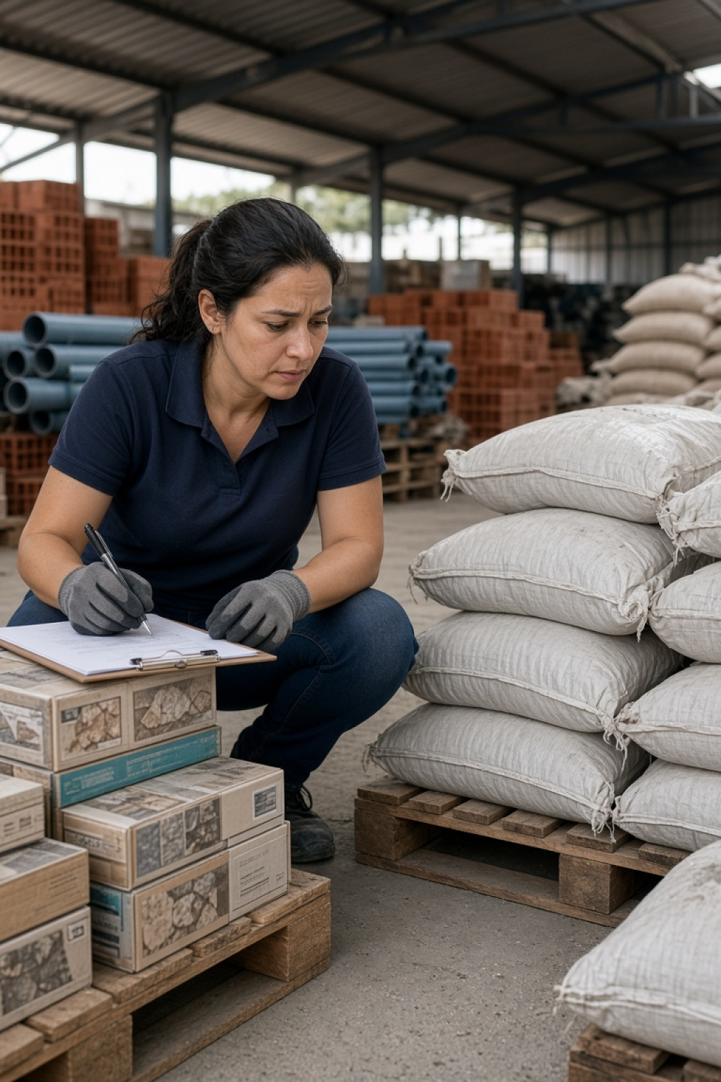 Funcionária contando pisos e sacos de cimento com planilha em papel no pátio