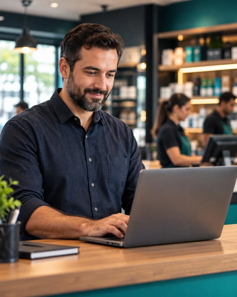 Gestor acompanhando a operação da loja no notebook